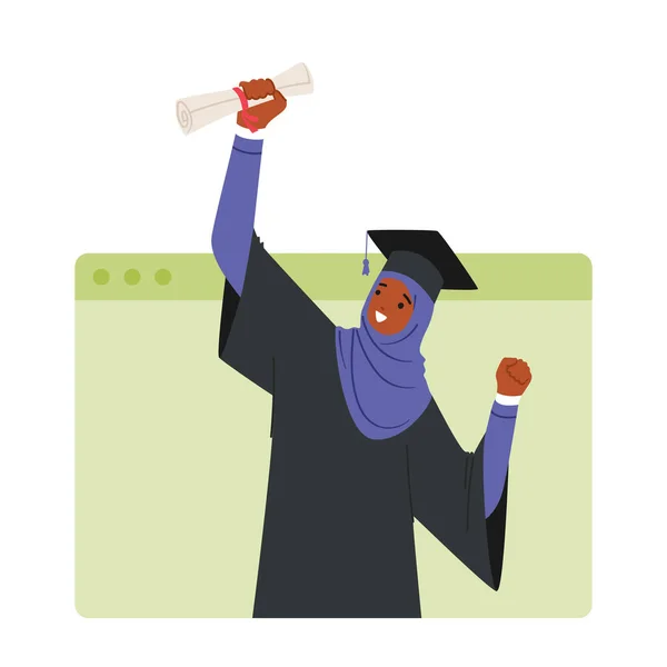 Online Graduation Ceremony Featuring Muslim Girl Bachelor Character Holding Diploma — Stock Vector