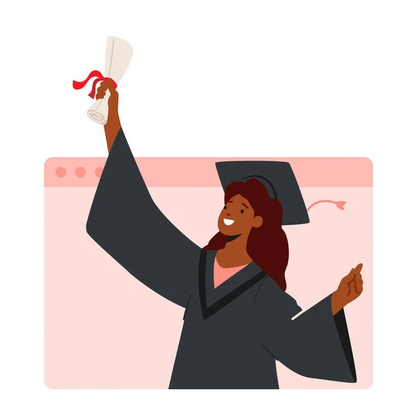 Online Graduation Ceremony African American Girl Bachelor Character Displaying Diploma — Stockvector
