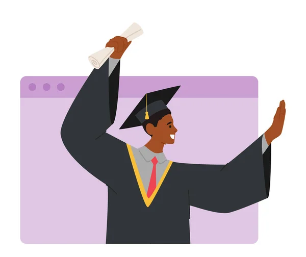 Online Graduation Ceremony Concept Featuring African American Boy Bachelor Character — Stock Vector