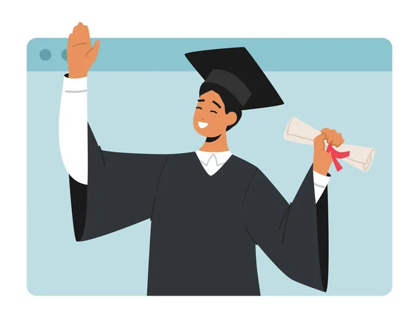 Virtual Graduation Ceremony Showcasing Male Graduate Character Holding His Diploma — Stockvector