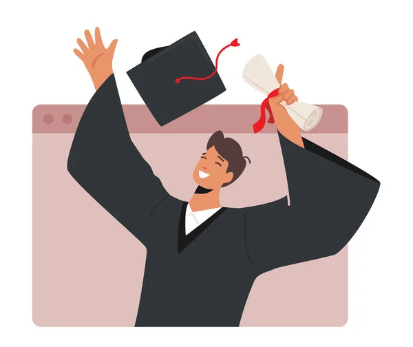 Online Graduation Ceremony Concept Boy Bachelor Character Proudly Holding Diploma — Stock Vector