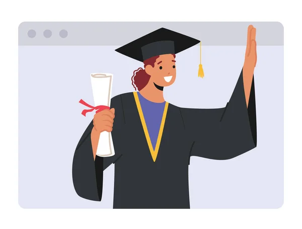 Online Graduation Ceremony Met Bachelor Girl Character Met Diploma Scroll — Stockvector