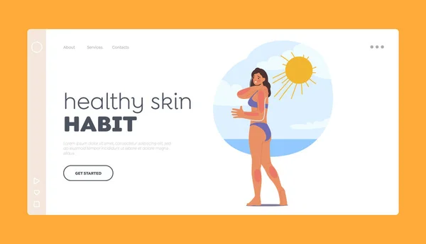 stock vector Healthy Skin Habit Landing Page Template. Woman Experiences Skin Sunburn On Beach Due To Excessive Sun Exposure. Skin of Female Character Appears Red And Irritated. Cartoon People Vector Illustration