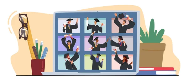 Virtual Graduation Ceremony Bachelors Laptop Screen Online Celebration Academic Achievements — Stock Vector