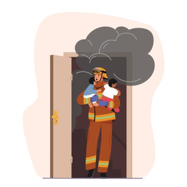 Kurtarıcı Erkek Karakteri Kahramanca Çocukları Yanan Binadan Kurtarıyor. Onları duman ve alevlerin arasından güvenli bir yere götürüyor, hayatta kalmalarını sağlamak için hayatlarını tehlikeye atıyor. Çizgi film İnsanları Vektör İllüstrasyonu