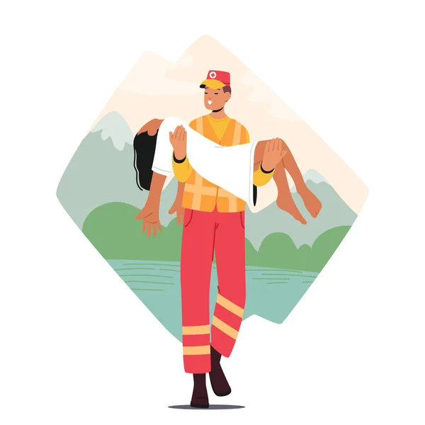 救助者男性キャラクター英雄的に水から安全に女の子を運びます 女の子の安全 救助者の勇気と強さのおかげで 危険職業 救助サービスの概念 漫画人ベクトルイラスト — ストックベクタ