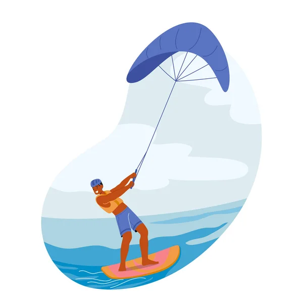 カイトサーファー男性キャラクター波に乗って ハーネスに取り付けられたカイトで水に巧みに操縦し 風力を使用して波を通って進み ジャンプします 漫画人ベクトルイラスト — ストックベクタ