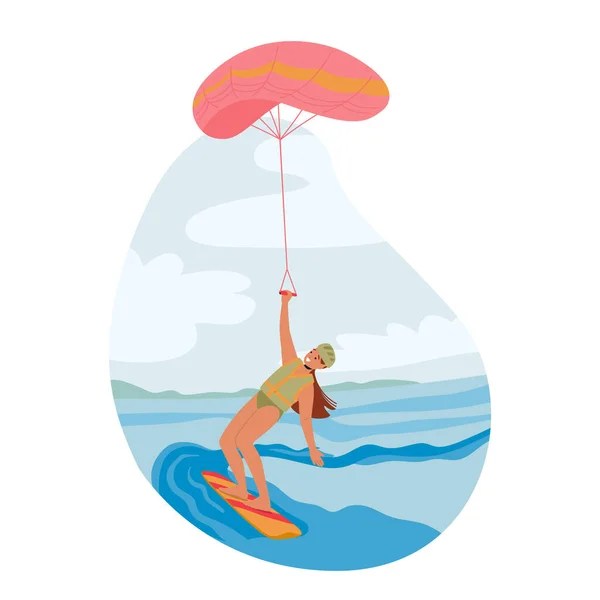 Dalgalarda Rüzgarda Sörf Yapan Kadın Karakterler Uçurtma Sörfçüleri Havaya Uçurmak — Stok Vektör