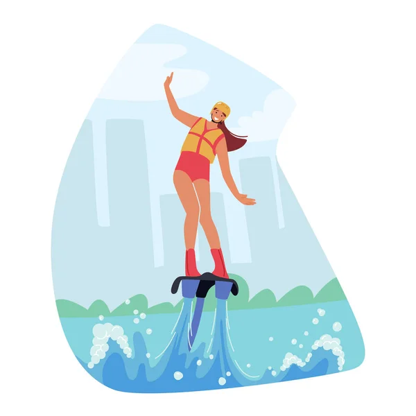Weibliche Charaktere Fliegen Auf Flyboard Schweben Über Der Wasseroberfläche Angetrieben — Stockvektor