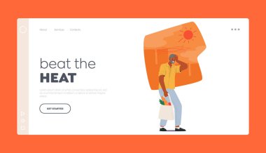 Isı İniş Sayfası Şablonunu Yen. Son sınıf öğrencisi sıcak hava ve altta yatan sağlık durumundan dolayı ısı kaynaklı rahatsızlık yaşıyor. Karakter Yorgunluğu Deneyimi. Çizgi film İnsanları Vektör İllüstrasyonu