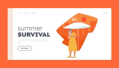 Summer Survival Landing Page Şablonu. Kıdemli Kadın Karakteri Sıcaklık Rahatsızlığı, Sıcak ve Terli Hissetme, Kendini Su Şişesi ile Soğutma. Çizgi film İnsanları Vektör İllüstrasyonu