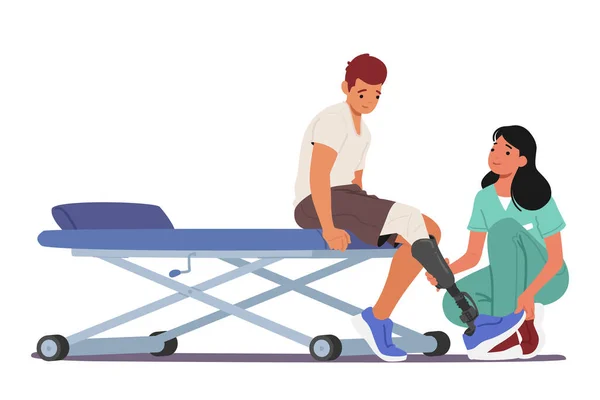 Personnage Jeune Homme Avec Prothèse Jambe Subit Une Réadaptation Physiothérapie — Image vectorielle