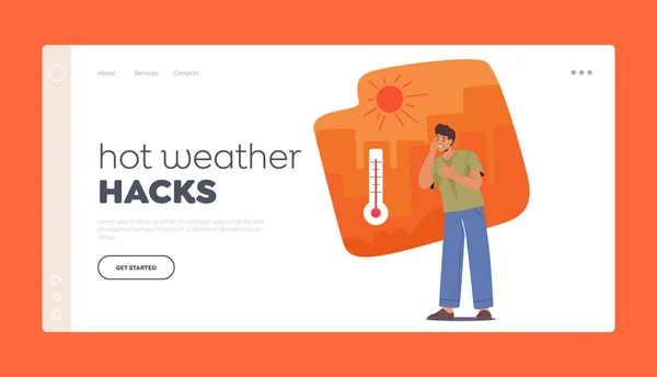 Weather Hacks Plantilla Landing Page Carácter Masculino Cansado Cansado Transpira — Vector de stock