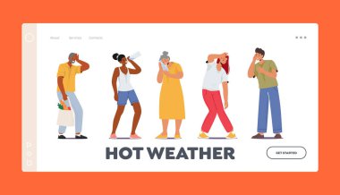Hot Weather Landing Page Template. Characters Suffer from Heat that Can Cause Dehydration, Exhaustion, And Heatstroke, Resulting In Fatigue, Dizziness, Nausea. Cartoon People Vector Illustration clipart