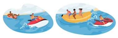 Muz teknesi ve su borusundaki binici karakterleri, bir jet-ski 'nin arkasında çekilirken, su karikatürü insan vektör ilülasyonu üzerinde zıplarken ve süzülürken yüksek hız heyecanı yaşarlar.