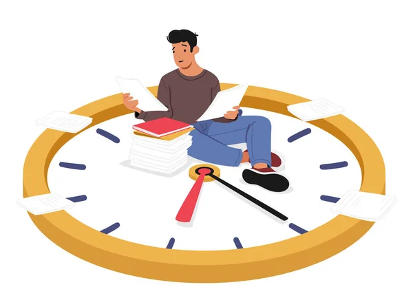 人坐在被散乱的文件和文件环绕的大手表上 具有男性性格和时钟的时间管理和繁忙日程的概念 卡通人物矢量图解 — 图库矢量图片