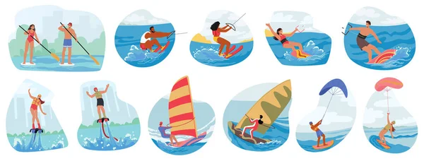 Zestaw Znaków Zaangażowanych Działalność Wodną Pływanie Żeglarstwo Paddleboarding Latawce Lub — Wektor stockowy