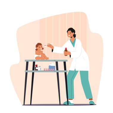 Pediyatrist Kadın Karakteri Bebek Sağlığını İnceledi, Semptomlara göre ilaç yazdı, Yaş ve Kiloya göre. Bebek Ağızına İlaç İdaresi. Çizgi film İnsanları Vektör İllüstrasyonu