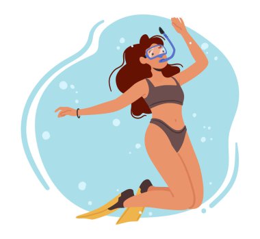 Bikini giyen, maskeli ve tüplü dalış yapan bir kadın. Genç Kadın Karakter, iki parçalı mayo giyer ve sualtı dünyasını keşfederken özgürlüğün tadını çıkarır. Çizgi film İnsanları Vektör İllüstrasyonu
