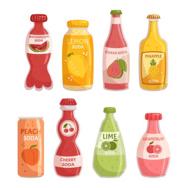 Limonata şişeleri serinletici, yaz günü için mükemmel. Canlı renkler ve etiketler ve susuzluğunuzu gidermek için yüksek kalitede malzemelerle yapılmış. Çizgi film Vektör İllüstrasyonu