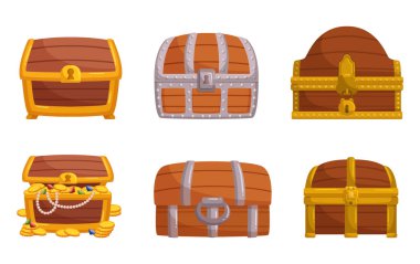 Tahta Hazine Sandıkları. Kaliteli kerestelerden yapılmış, şekil, şekil ve tasarım olarak değişen, depolama, dekorasyon ve hayal ürünü oyunlar için ideal. Çizgi film Vektör İllüstrasyonu