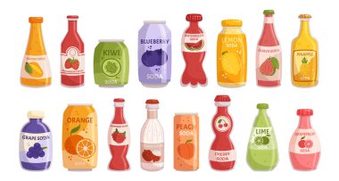 Açık hava buluşmaları ve sıcak yaz günleri için mükemmel meyveli limonata şişeleri. Ferahlatıcı, lezzetli ve tüm çağlar için susuzluk giderici içecekler. Çizgi film Vektör İllüstrasyonu