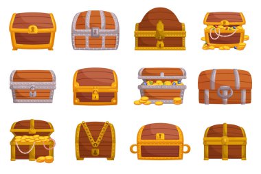Tahtadan ve metalden yapılmış hazine sandıkları koleksiyonu. Karmaşık Tasarımlar, Kilitler ve Menteşeler. Değerli eşyaları, mücevherleri ya da dekoratif parçaları saklamak için ideal. Çizgi film Vektör İllüstrasyonu