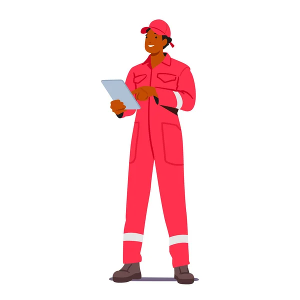 火災安全労働者男性キャラクター手にタブレットで赤い制服を着用潜在的な火災危険を監視し 安全検査を実施することにより 公共の安全を確保します 漫画人ベクトルイラスト — ストックベクタ