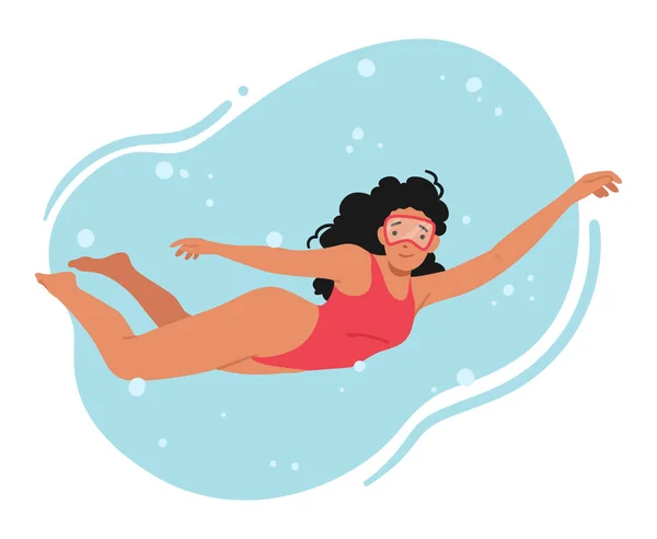Kobieta Czerwonym Stroju Kąpielowym Kobieta Postać Pewnie Pływanie Gracefully Gliding — Wektor stockowy