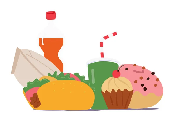Pączek Frytki Taco Napoje Fast Food Szybkie Wygodne Opcje Posiłki — Wektor stockowy