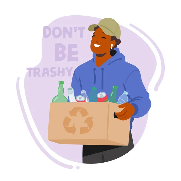 Man Character Carry Box Met Flessen Voor Recycling Mens Sorteert — Stockvector