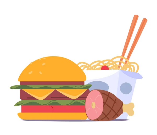 Hambúrguer Carne Wok Fast Food Variedade Opções Deliciosas Como Hambúrguer — Vetor de Stock