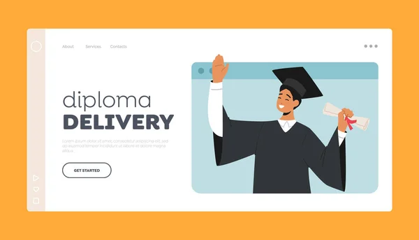 Diploma Delivery Landing Page Template Virtual Graduation Ceremony Showcasing Male — Stock Vector