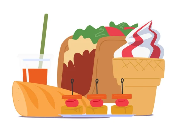 Taco Jégkrém Kenyér Szóda Gyorsétterem Láncokban Magas Kalóriatartalmú Ételek Zsírok — Stock Vector