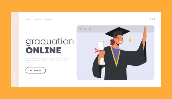 Online Graduation Landing Page Template Bachelor Girl Character Diploma Laptop — Stock Vector