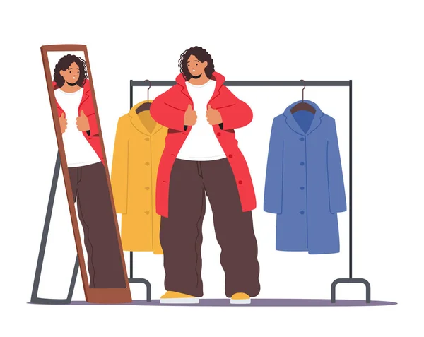 Şişman Kadın Aynanın Önüne Küçük Giysiler Koymak Için Çabalıyor Beden — Stok Vektör