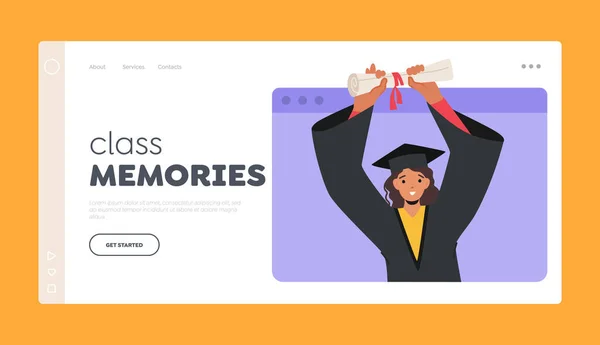 Class Memories Landing Page Template Female Character Celebrate Online Graduation — Stock Vector