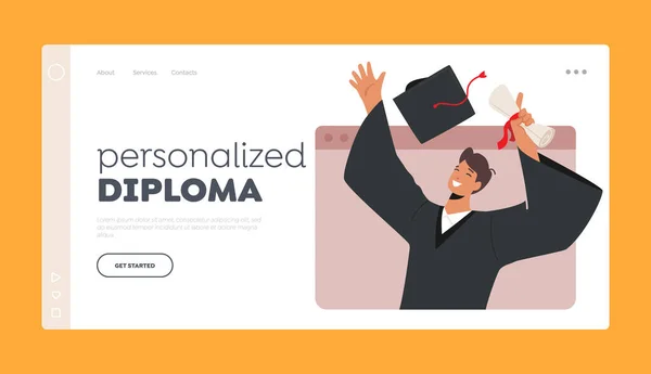 Online Graduation Ceremony Landing Page Template Boy Bachelor Character Proudly — Stock Vector