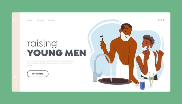 Meningkatkan Young Man Landing Page Template Ayah Dan Anak Berbagi - Stok Vektor