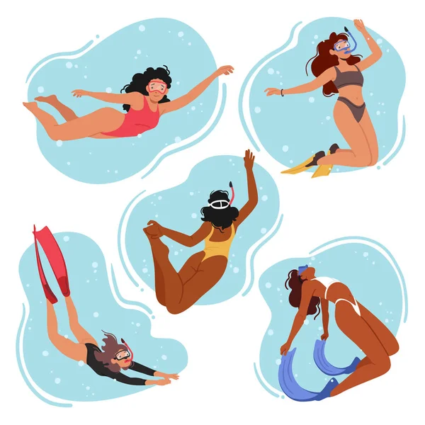 Список Жінок Дайвінгів Бікіні Плавальних Костюмах Жіночі Персонажі Насолоджуються Морем — стоковий вектор