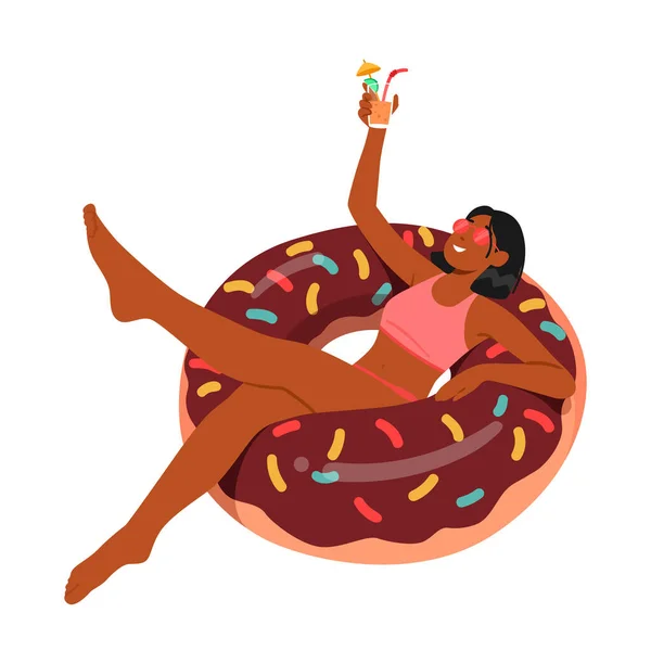 Donut Yüzen Genç Kadın Elinde Kokteyl Havuzda Dinleniyor Yaz Tatilinin — Stok Vektör