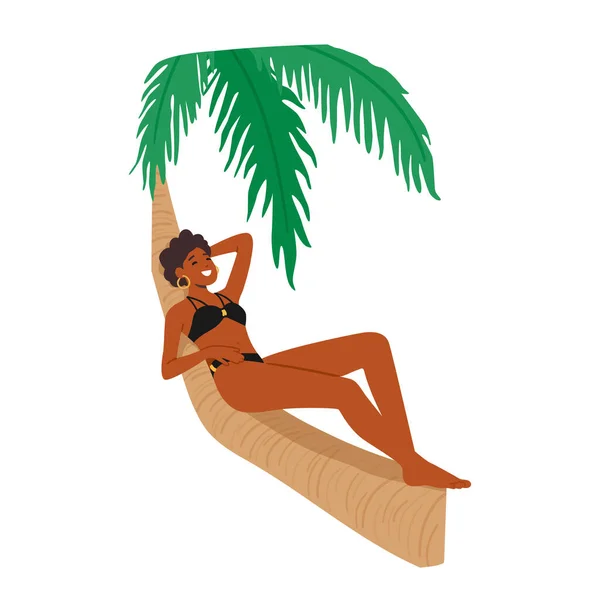 Palm Tree Deki Kadın Salonları Tropikal Manzaranın Tadını Çıkarıyor Güneşin — Stok Vektör