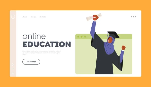 Online Edukacja Landing Page Szablon Ceremonia Ukończenia Studiów Muzułmańska Dziewczyna — Wektor stockowy