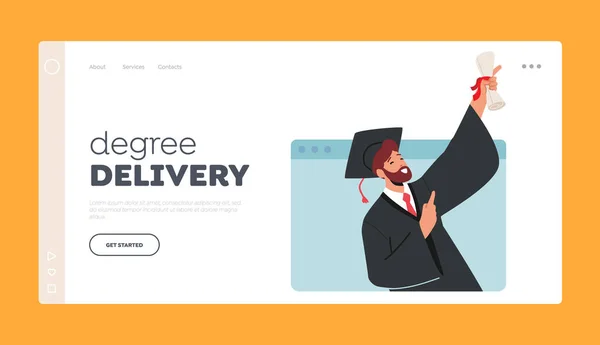 Degree Delivery Landing Page Template Online Graduation Ceremony Concept Bachelor — Stock Vector