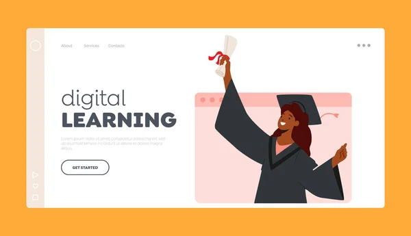 Digital Learning Landing Page Template Online Graduation Ceremony African American — Stock Vector