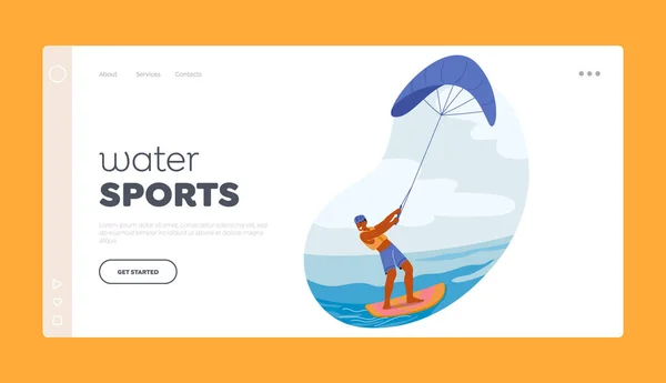 Modelo Página Desembarque Esportes Aquáticos Kite Surfer Personagem Masculino Cavalgando — Vetor de Stock