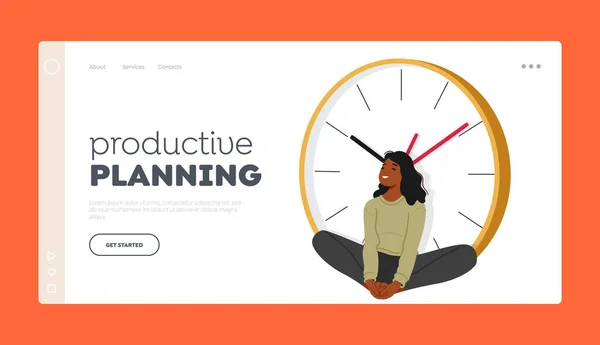 Plantilla Landing Page Planificación Productiva Mujer Sonriente Sentada Lado Relojes — Vector de stock