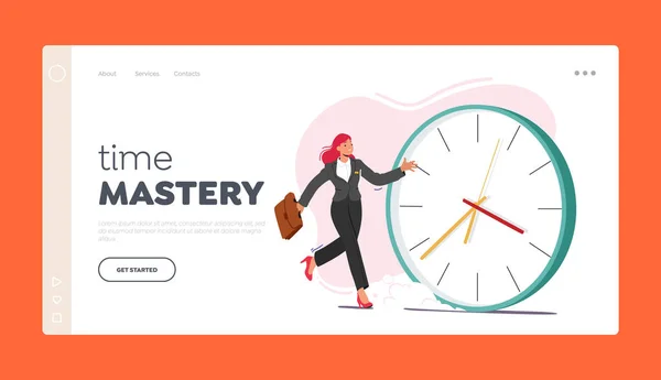 Time Mastery Landing Page Sablon Üzletasszony Sprint Múlt Hatalmas Óra — Stock Vector