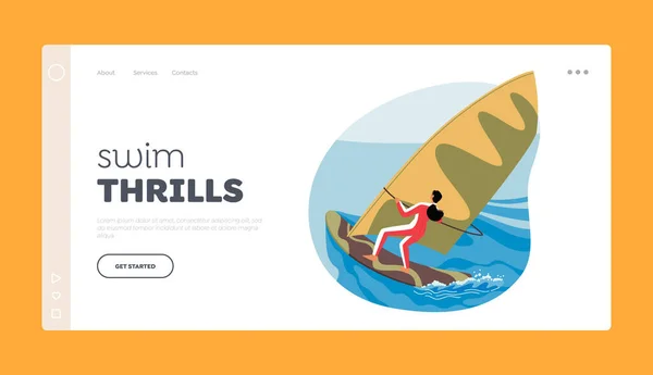 Schwimmen Thrill Landing Page Template Weiblicher Charakter Genießt Windsurfen Manövrieren — Stockvektor