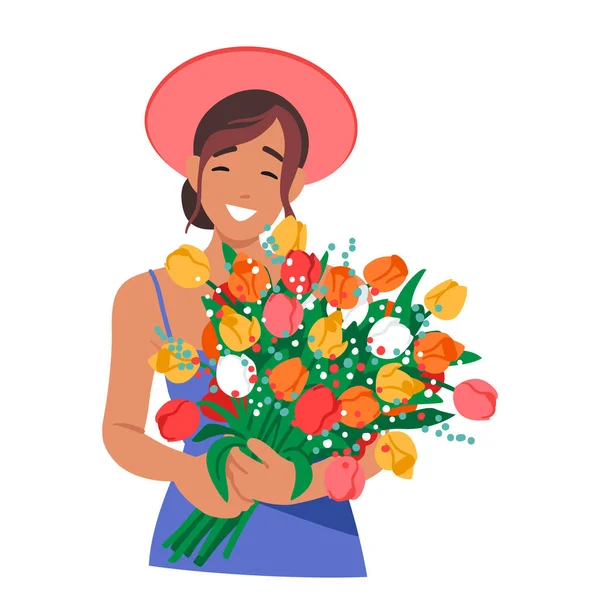 Mutlu Kadın Elinde Yaz Çiçeklerini Tutuyor Kadın Karakter Mavi Elbise — Stok Vektör